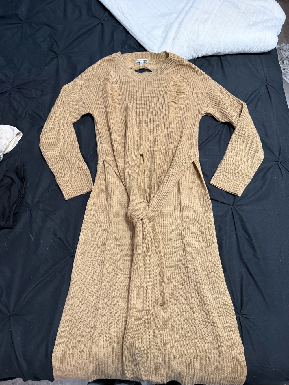 Fashion Nova Ribbed Tie-Waist Sweater Dress - Camel/Tan